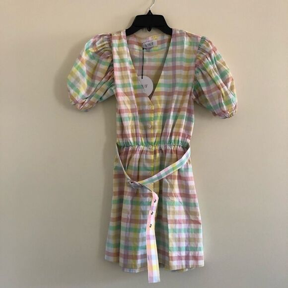 NWT S/W/F Pastel Multicolor Gingham Mini Dress Sz S Puff Sleeve Belted Cotton - Picture 5 of 8